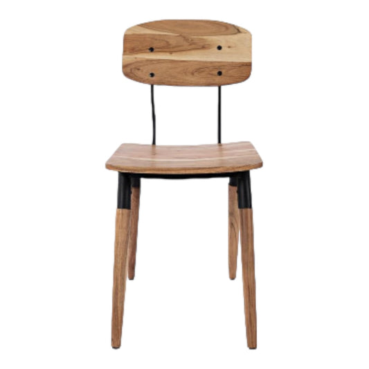 Wooden chair with black metal accents, curved seat and backrest.
