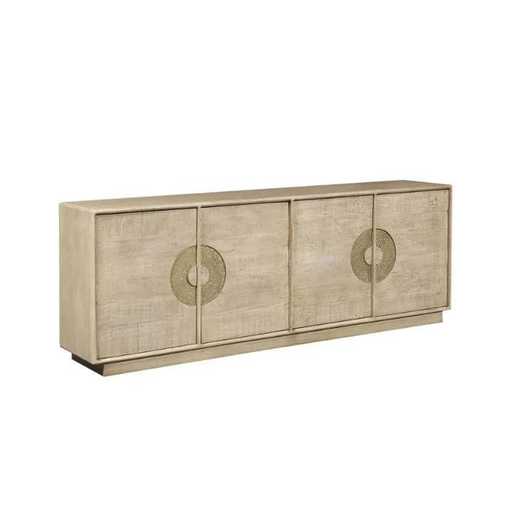 Beige four-door sideboard with circular metal accents.