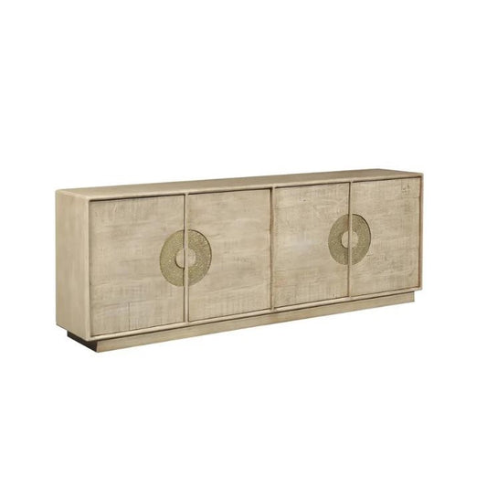 Beige four-door sideboard with circular metal accents.