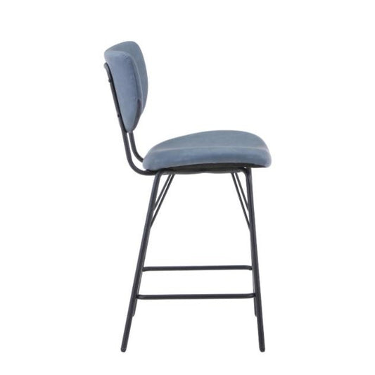 Blue cushioned chair with black metal legs, side view.