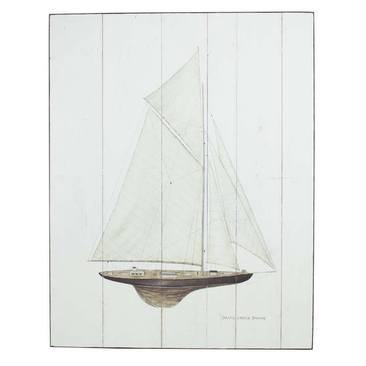 Vintage sailboat illustration on vertical wooden planks.