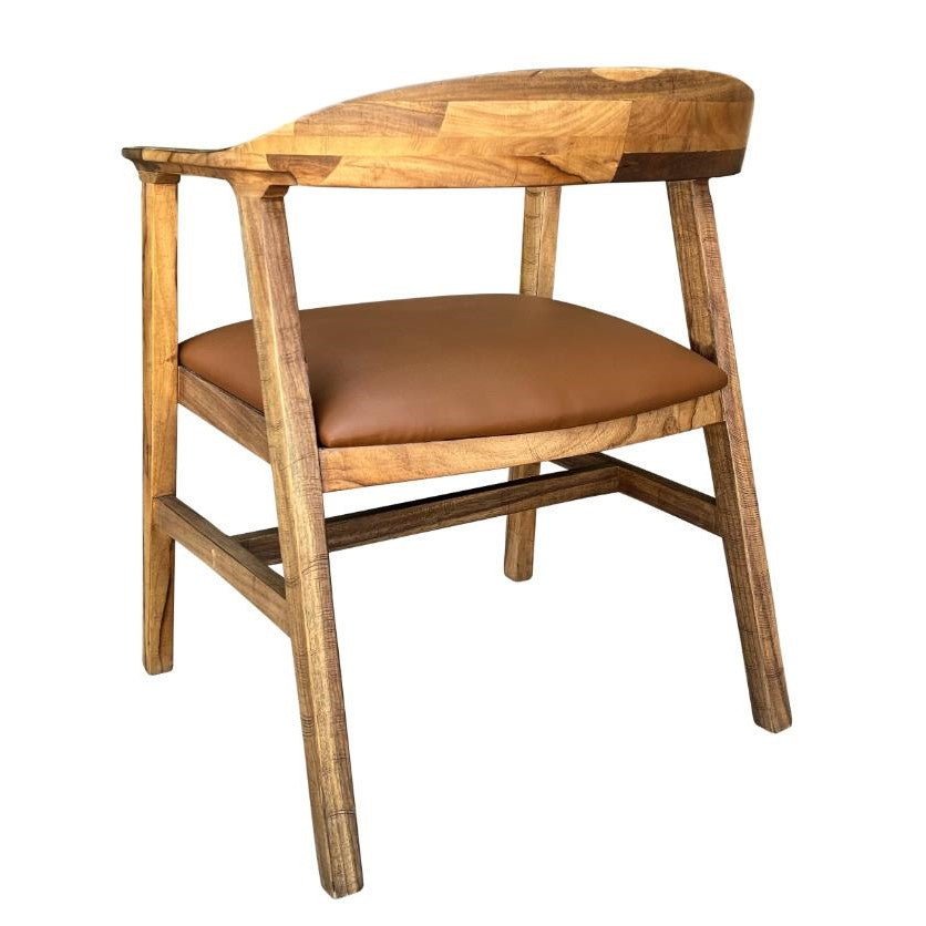 Wooden chair with a brown cushioned seat and curved backrest.