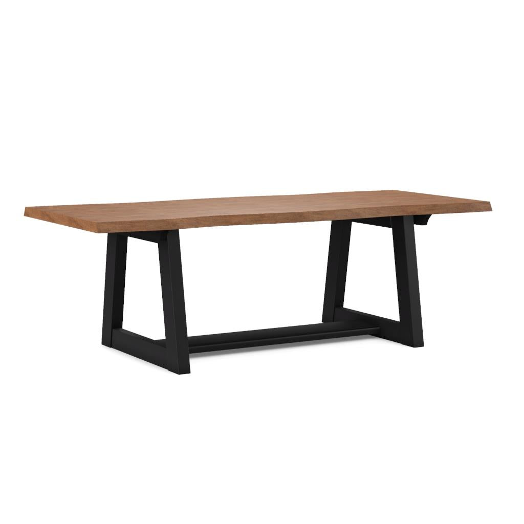 Modern table with a wooden top and angled black legs.