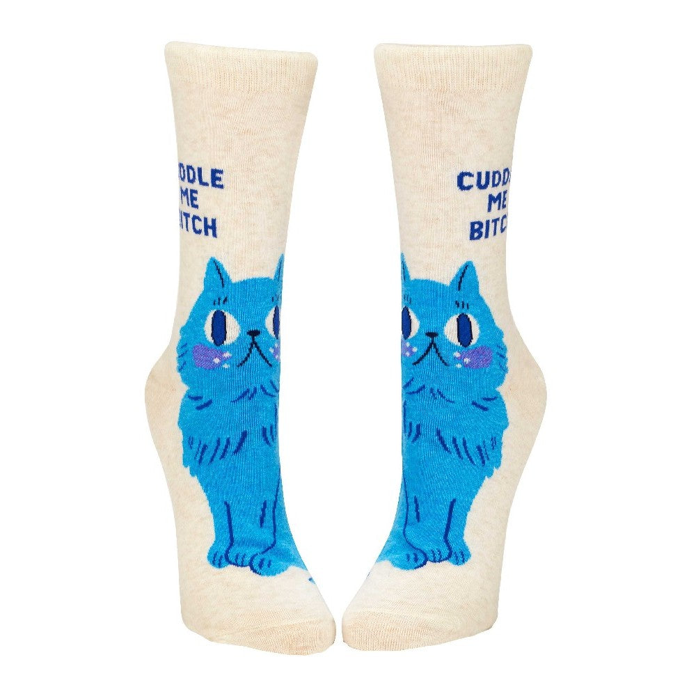Socks with a blue cat and cheeky text.