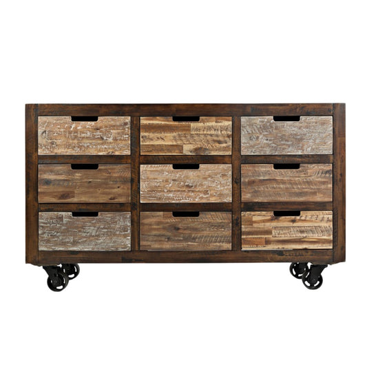 Rustic wooden dresser with nine drawers on wheels.