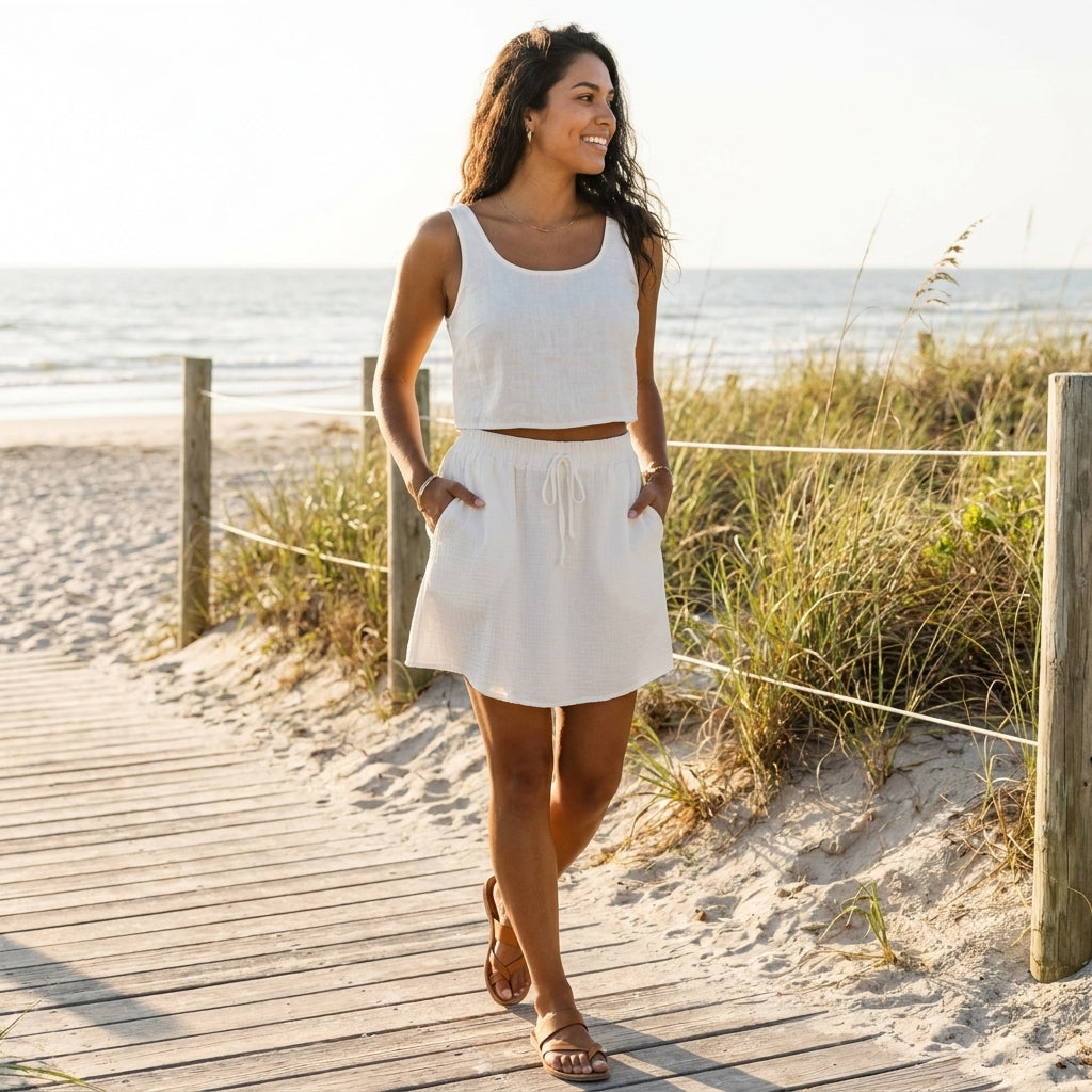 Woman in white outfit walks on the beach, smiling under the sun.