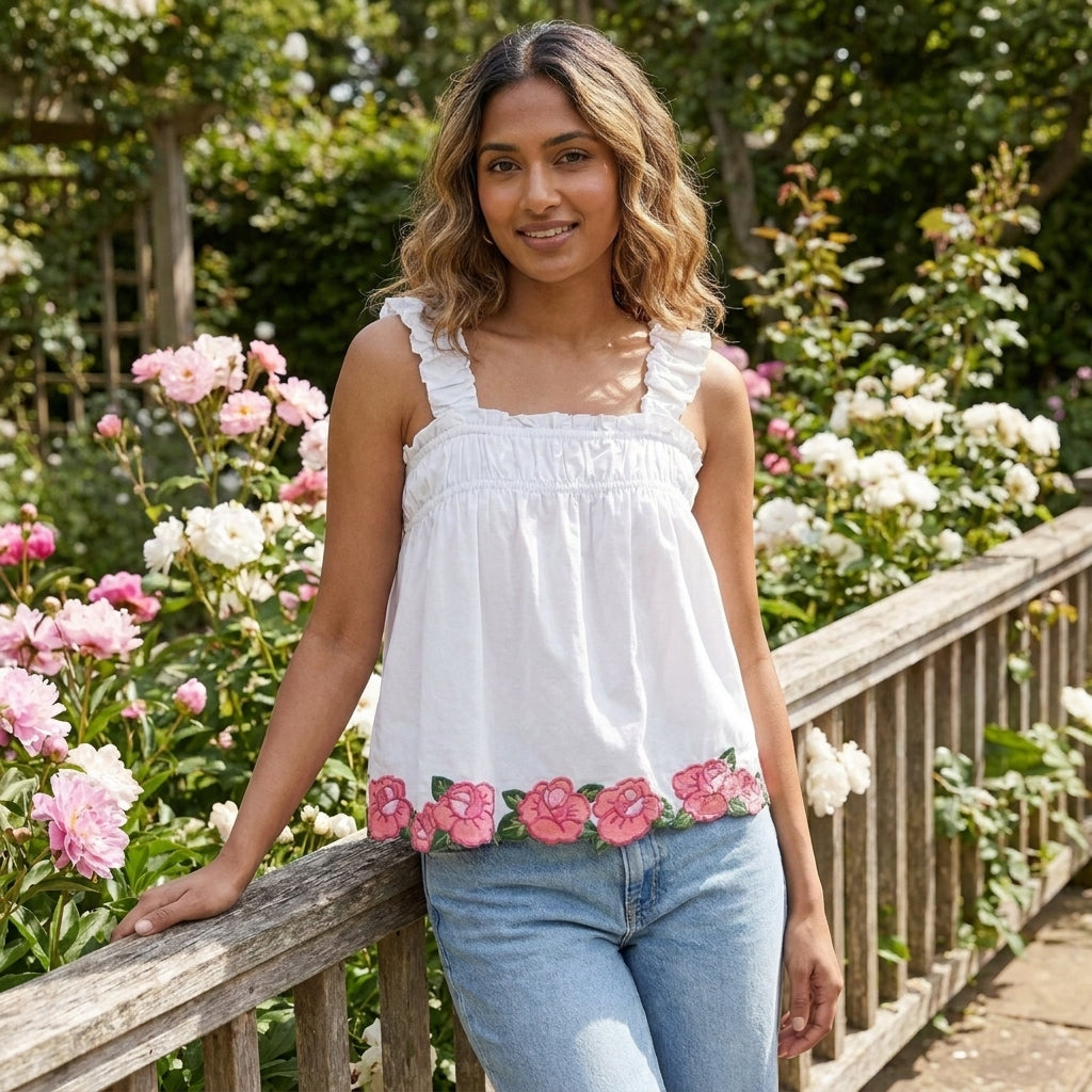 Woman in a garden with pink roses, wearing a floral white top and jeans.