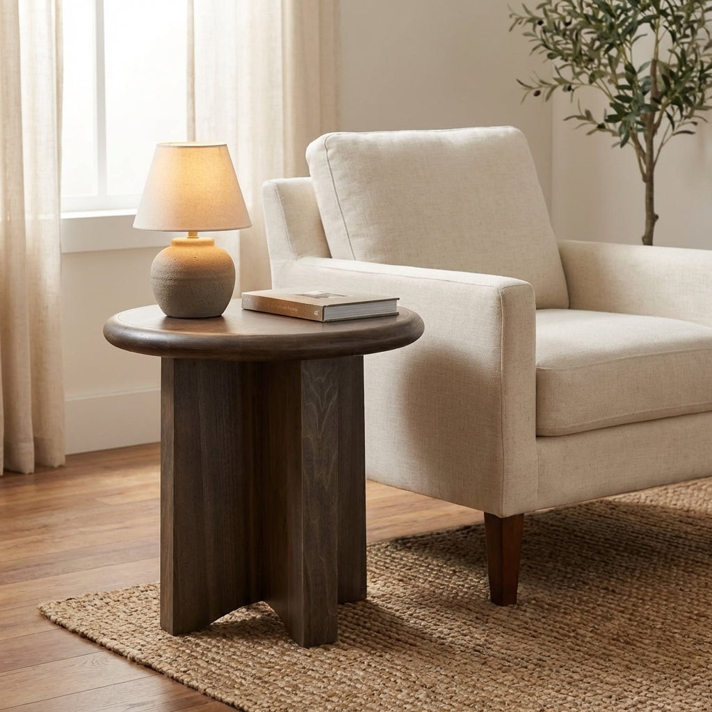 Round wooden table with a smooth dark finish.