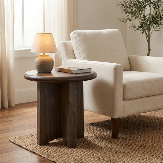 Round wooden table with a smooth dark finish.