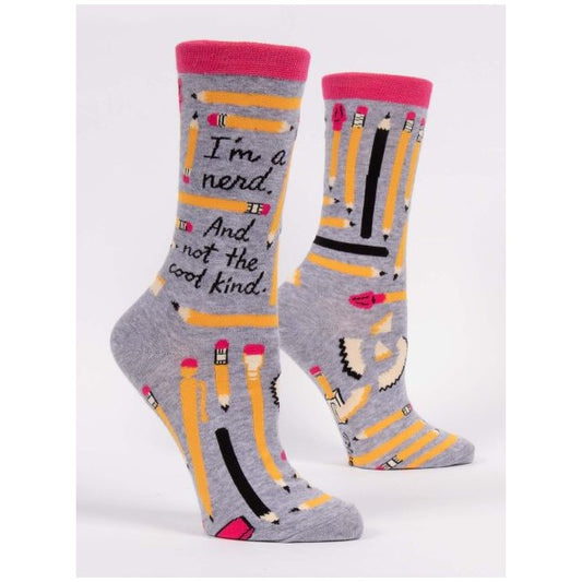 Grey socks with pink trim, pencils, and quirky "nerd" text design.