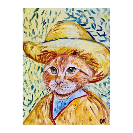Picture of "Cat La Van Gogh in Straw Hat" Wood Block Art Print