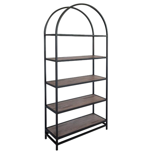 Metal-framed arch bookshelf with five wooden shelves.
