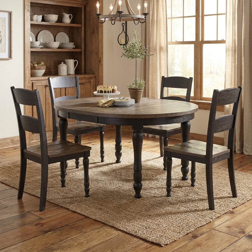 Round table with four chairs, cake, plates, and plant on top.