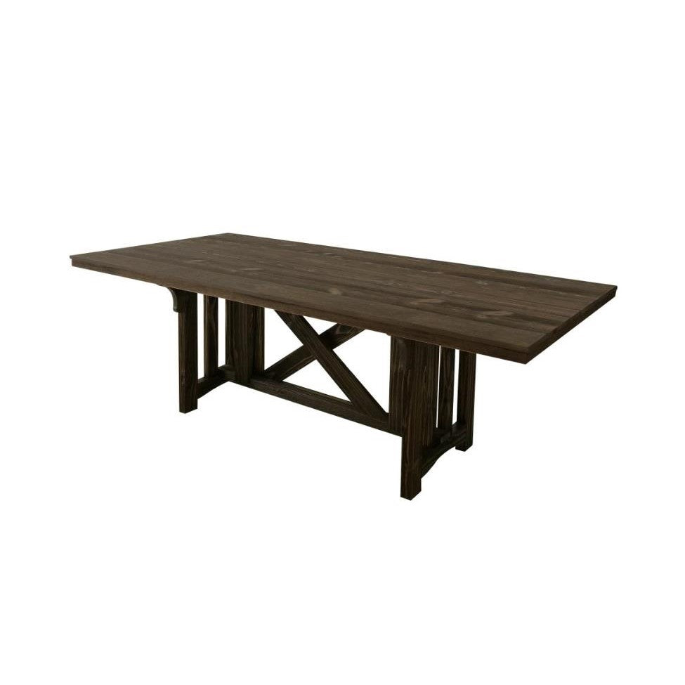 Dark wooden table with a cross-braced base design.