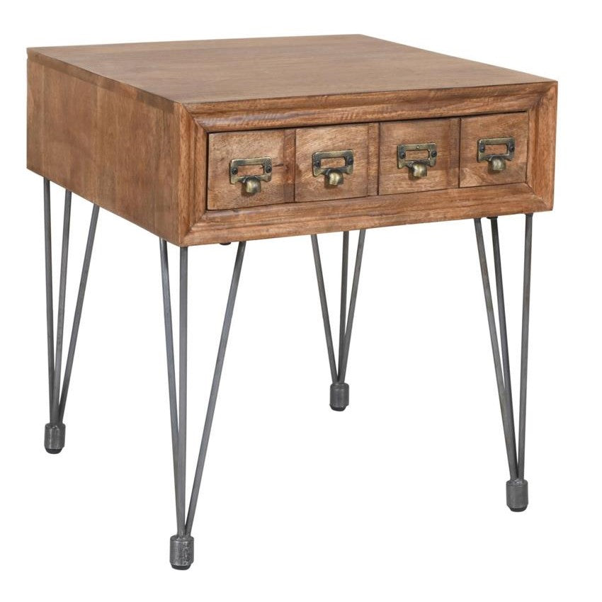 Wooden side table with metal legs and four small drawer fronts.