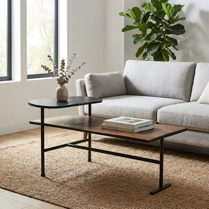 Two-tier modern coffee table with a black frame and wood surfaces.