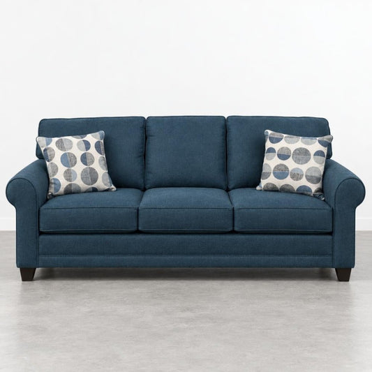 Blue sofa with two patterned pillows against a plain white wall.