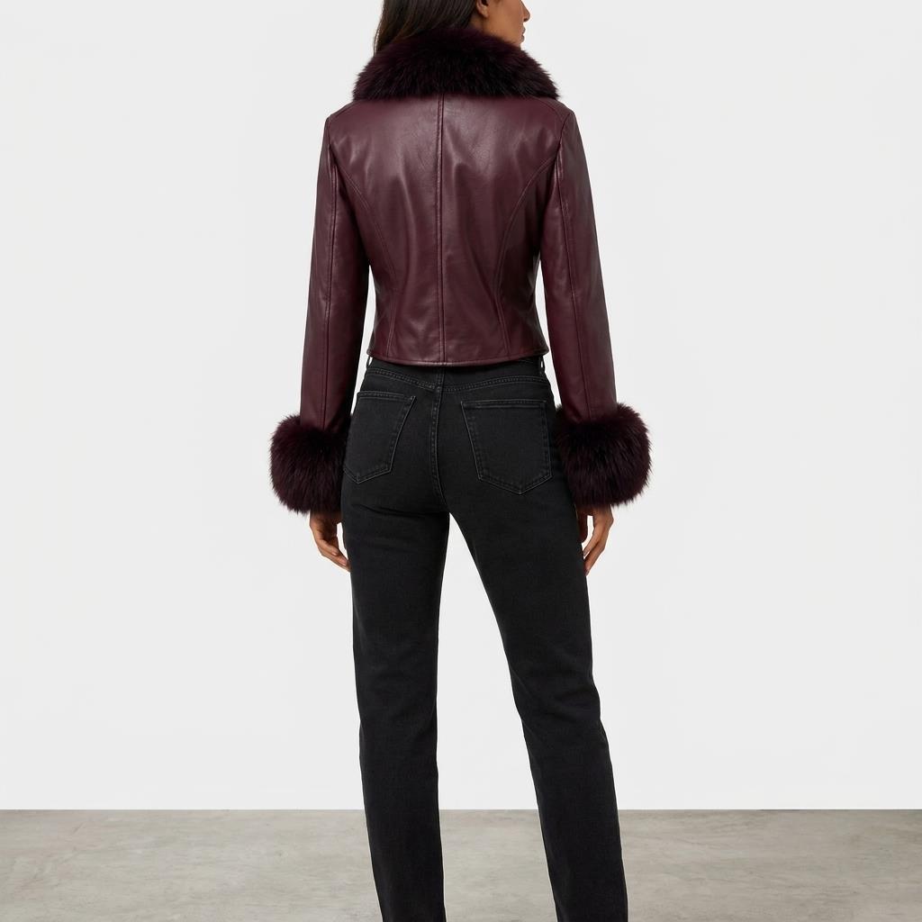 Model wearing a burgundy leather jacket with fur trim and black jeans, viewed from behind.