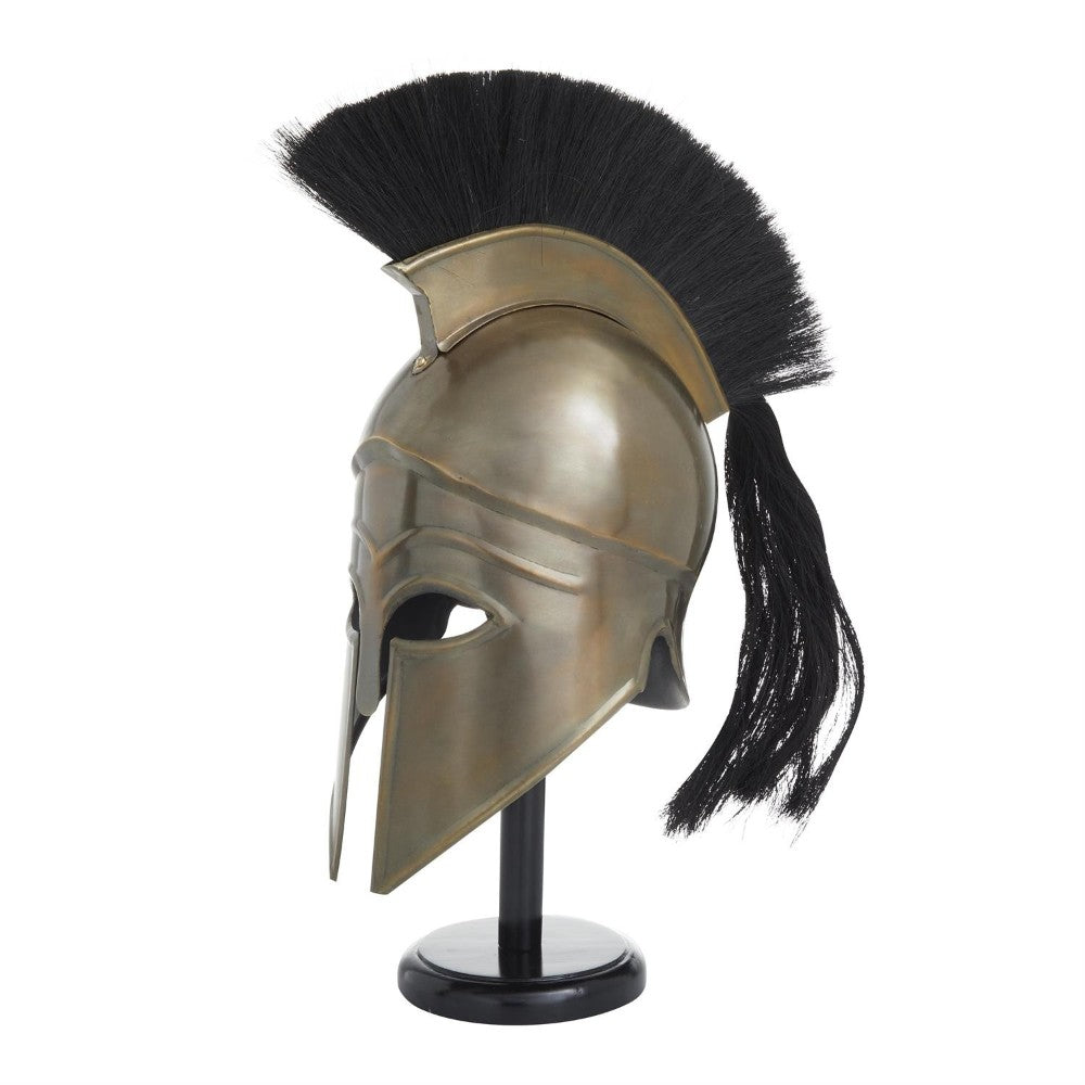 Bronze Corinthian helmet with black plume on display stand.