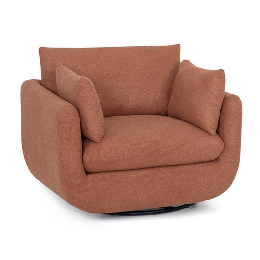 Cozy brown swivel chair with plush cushions.