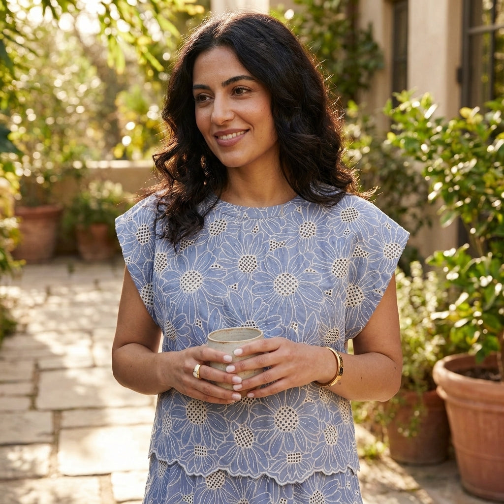 Woman in floral dress holding a cup outdoors, surrounded by greenery.