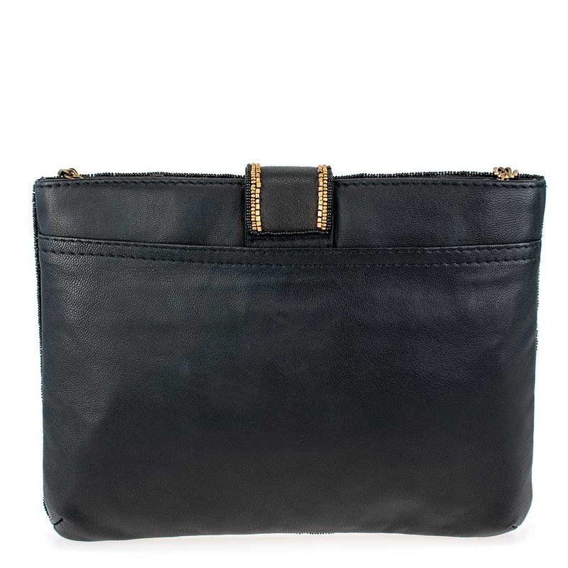 Black leather clutch with gold accents and zipper closure.