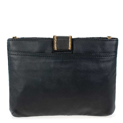 Black leather clutch with gold accents and zipper closure.