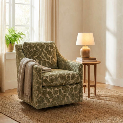 Cozy chair, lamp on table, leafy plant by window in bright room.