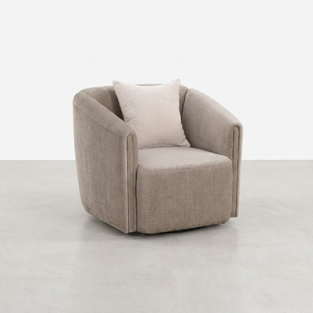 Beige upholstered armchair with cushion, side view.