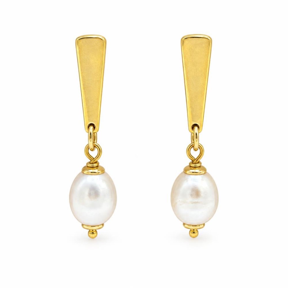 A pair of gold drop earrings featuring polished white pearls.