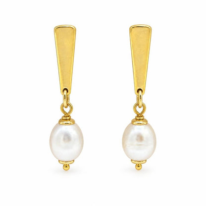 A pair of gold drop earrings featuring polished white pearls.