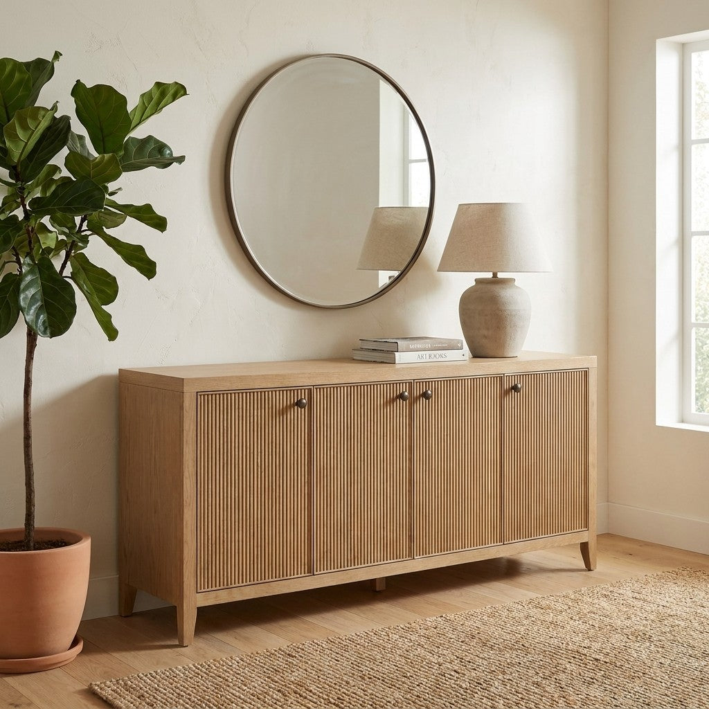 Wooden sideboard, round mirror, lamp, books, and plant in a bright room.