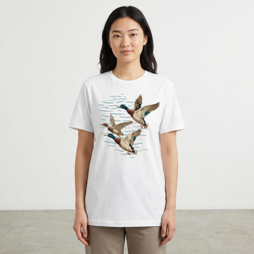 Person wearing a white tee with flying ducks illustration.