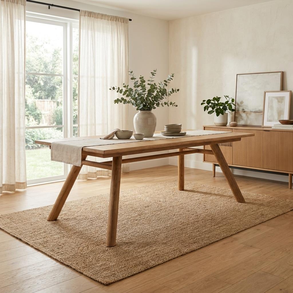 A sunlit minimalist dining room with a wooden table, neutral decor, and leafy plants.