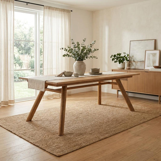 A sunlit minimalist dining room with a wooden table, neutral decor, and leafy plants.