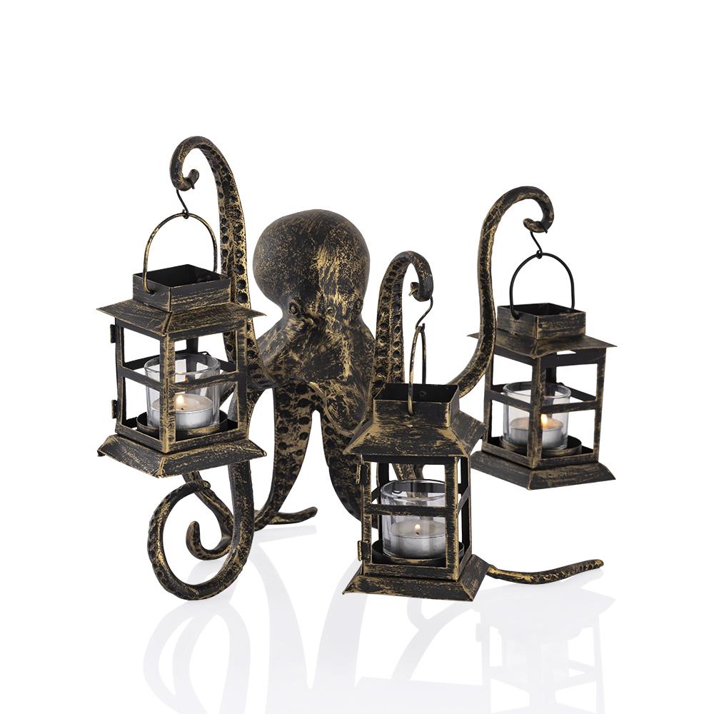 Octopus holding three lanterns with candles.