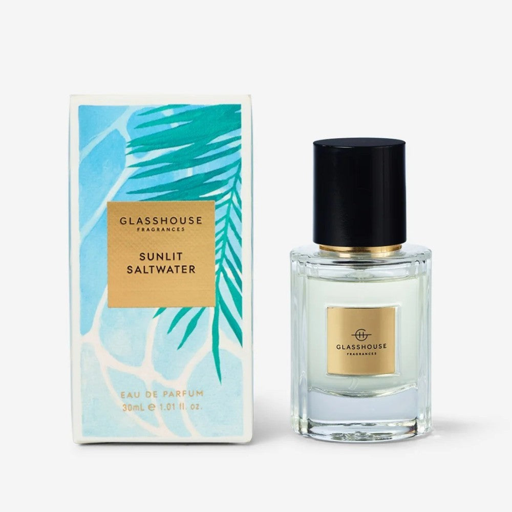 Perfume bottle with box labeled "Sunlit Saltwater" by Glasshouse Fragrances.
