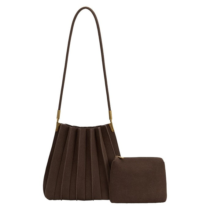 Brown pleated handbag with matching small pouch.