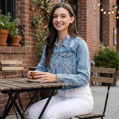 Smiling woman in a denim jacket and white pants outdoors.