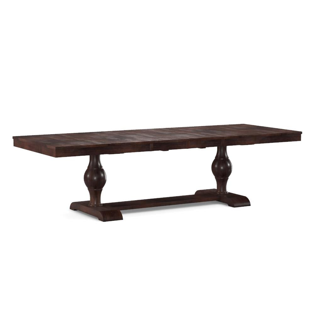 Dark wooden dining table with elegant double pedestal base.