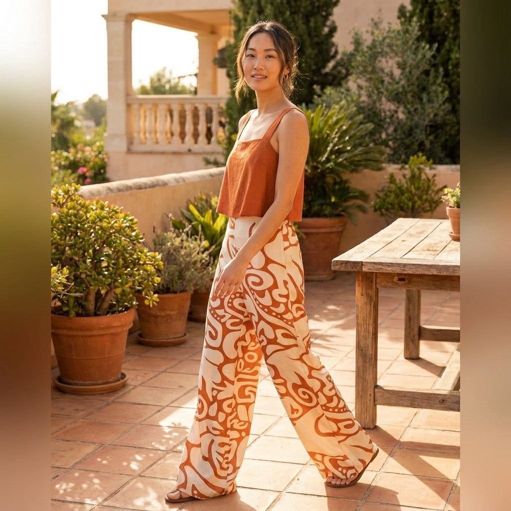 Woman on a sunny terrace in a warm-toned outfit.