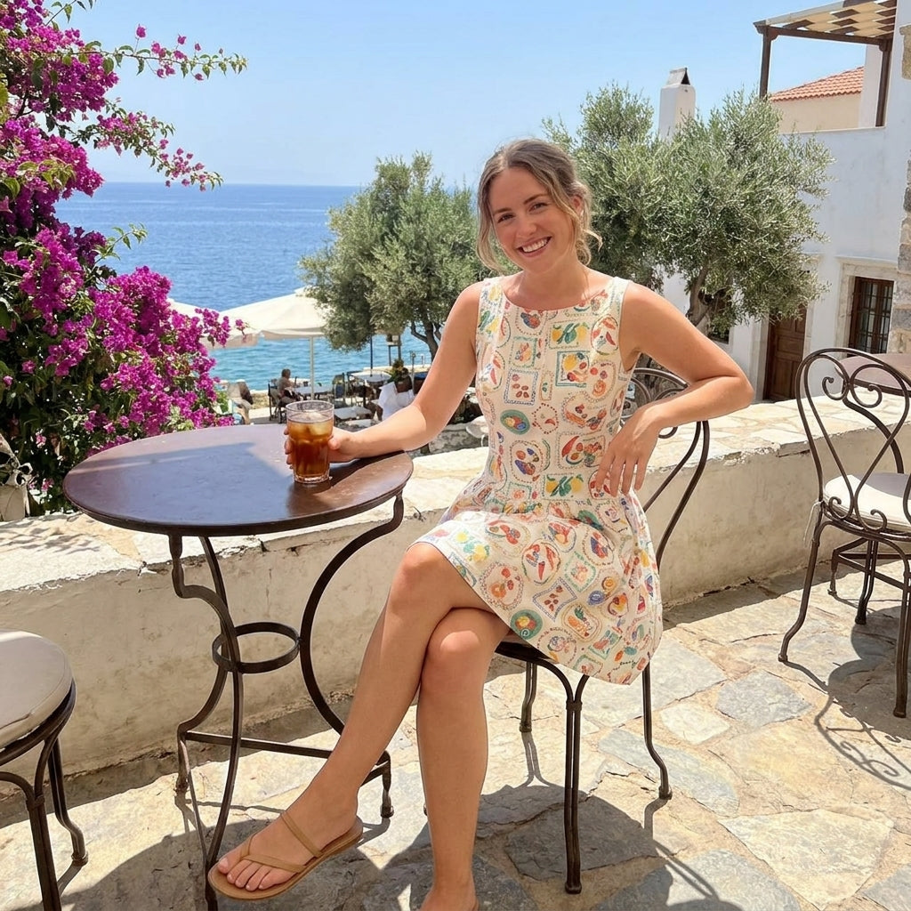 Woman smiling, enjoying a drink by the sea with vibrant flowers and blue skies.