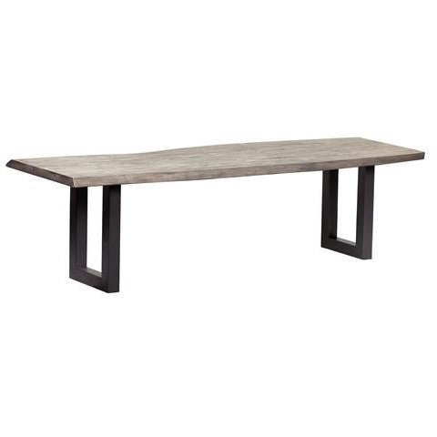 Wooden bench with black metal legs, minimalist design.