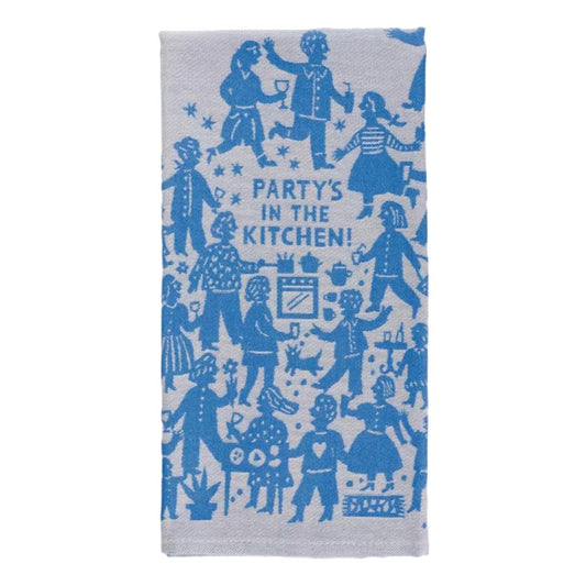 Blue kitchen towel with dancing people and text "Party's in the Kitchen!"