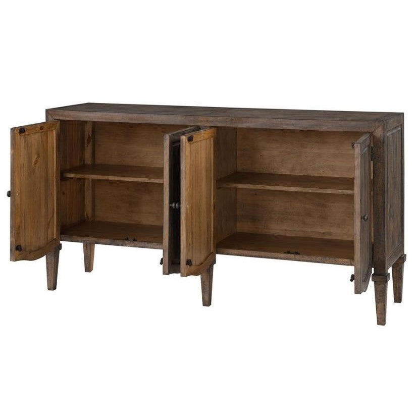 Rustic wooden sideboard with open doors and shelves.
