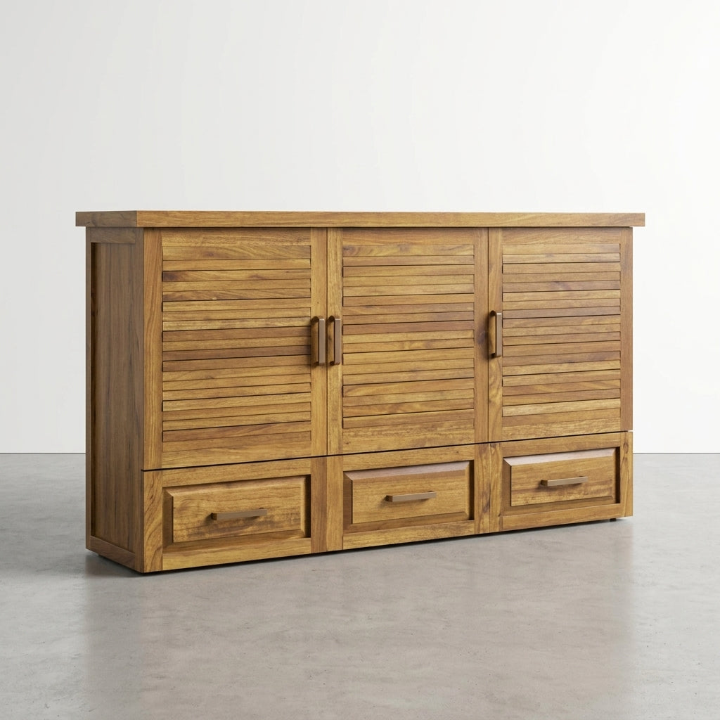 Wooden cabinet with three louvered doors and bottom drawers.
