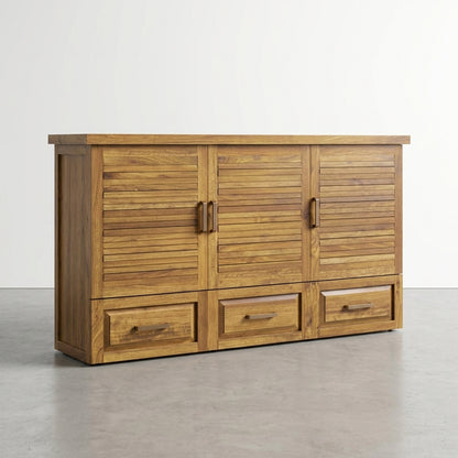 Wooden cabinet with three louvered doors and bottom drawers.
