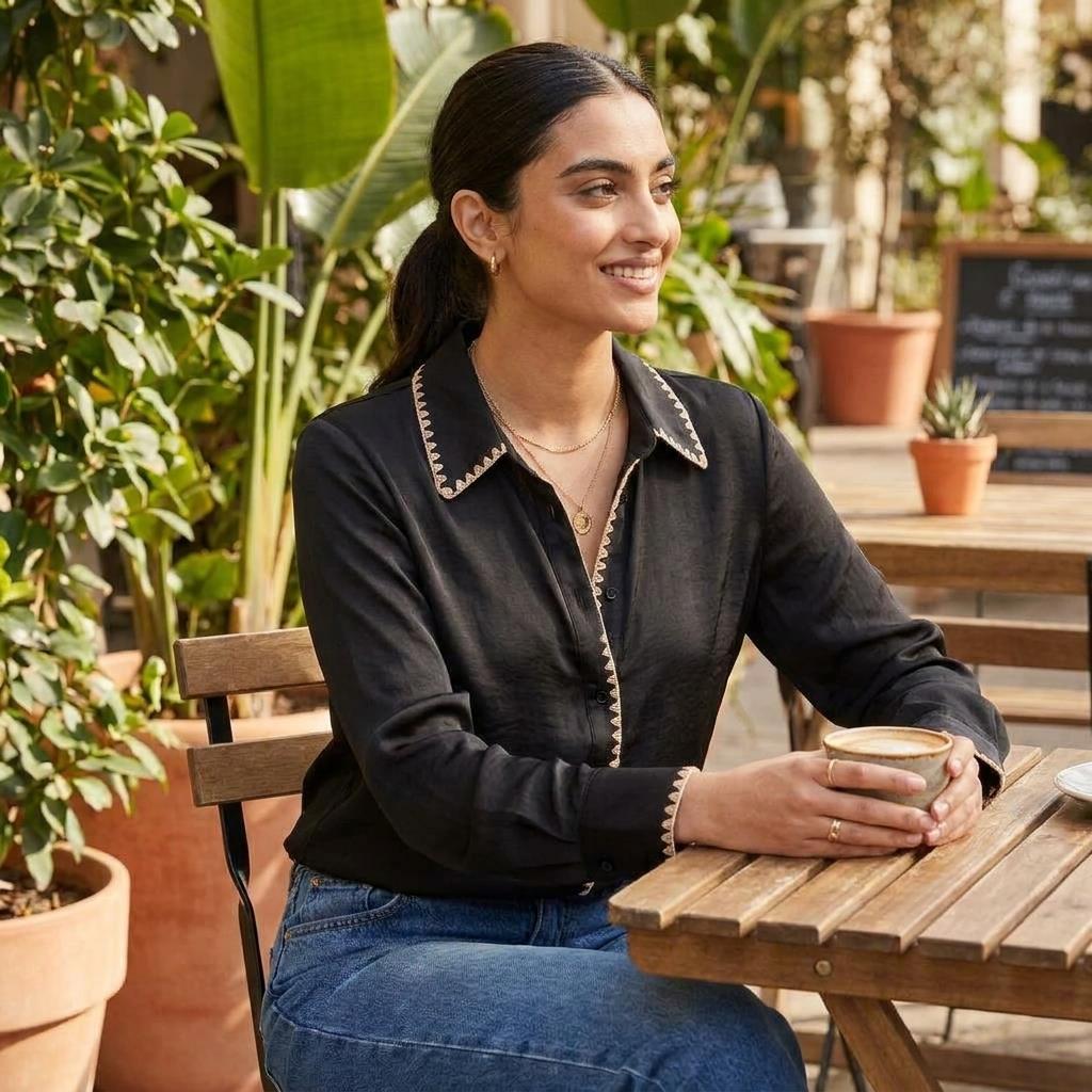 A woman enjoying a coffee at an outdoor café with plants around.