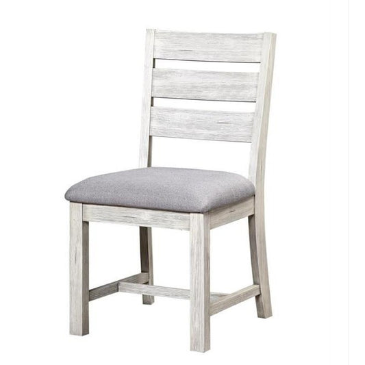 Wooden chair with gray cushioned seat and slatted back.