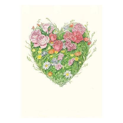 Heart-shaped floral arrangement with roses and daisies.